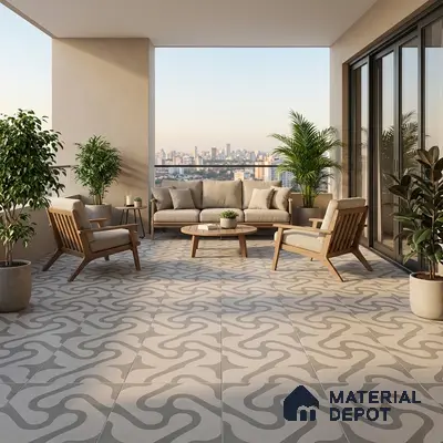 Scandinavian balcony with geometric patterned floor tiles and light wood outdoor furniture