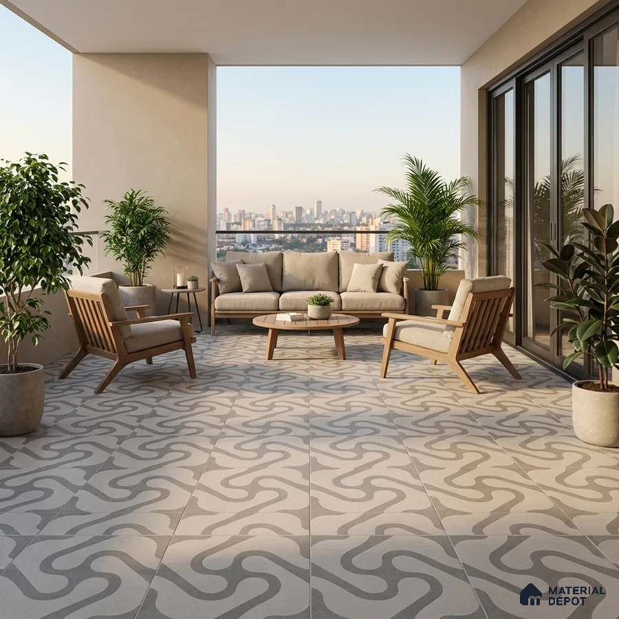 Scandinavian balcony with geometric patterned floor tiles and light wood outdoor furniture