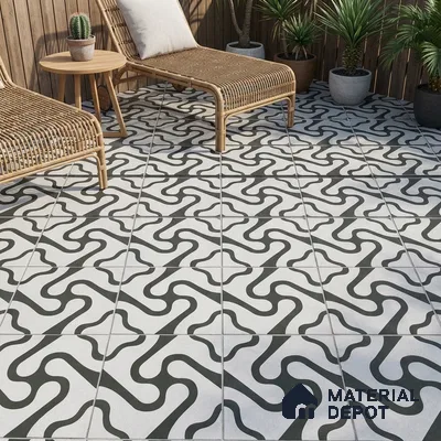 Modern outdoor space with black-and-white geometric patterned floor tiles and rattan loungers
