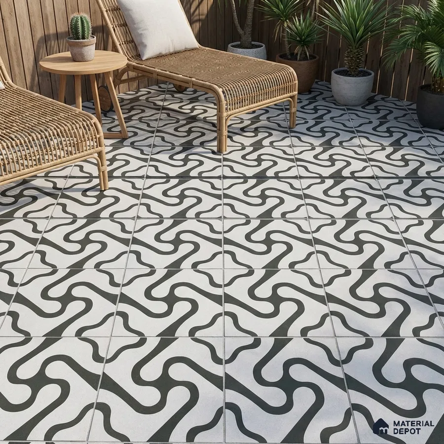 Modern outdoor space with black-and-white geometric patterned floor tiles and rattan loungers
