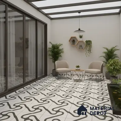 Modern balcony with black-and-white geometric patterned floor tiles and minimalist decor
