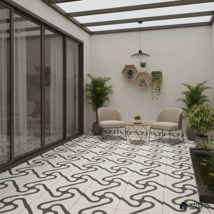 Modern balcony with black-and-white geometric patterned floor tiles and minimalist decor