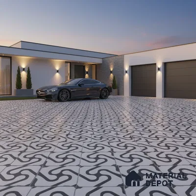 Modern parking with black-and-white geometric patterned floor tiles and minimal exterior cladding