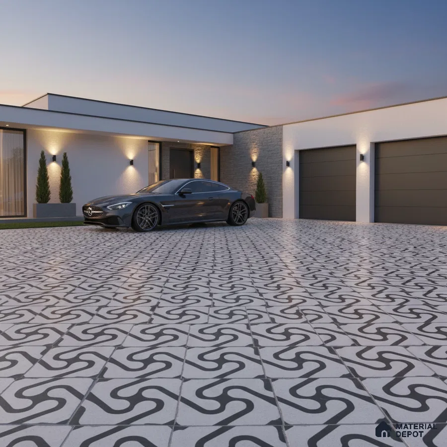 Modern parking with black-and-white geometric patterned floor tiles and minimal exterior cladding