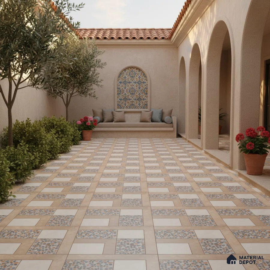 Mediterranean outdoor courtyard with patterned mosaic wall tile and beige geometric floor tiles