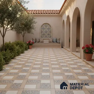 Mediterranean outdoor courtyard with patterned mosaic wall tile and beige geometric floor tiles