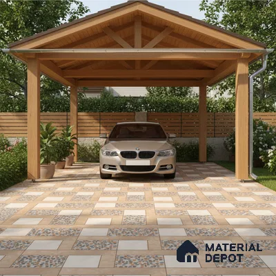 Modern parking with wooden pergola and beige geometric stone tiles