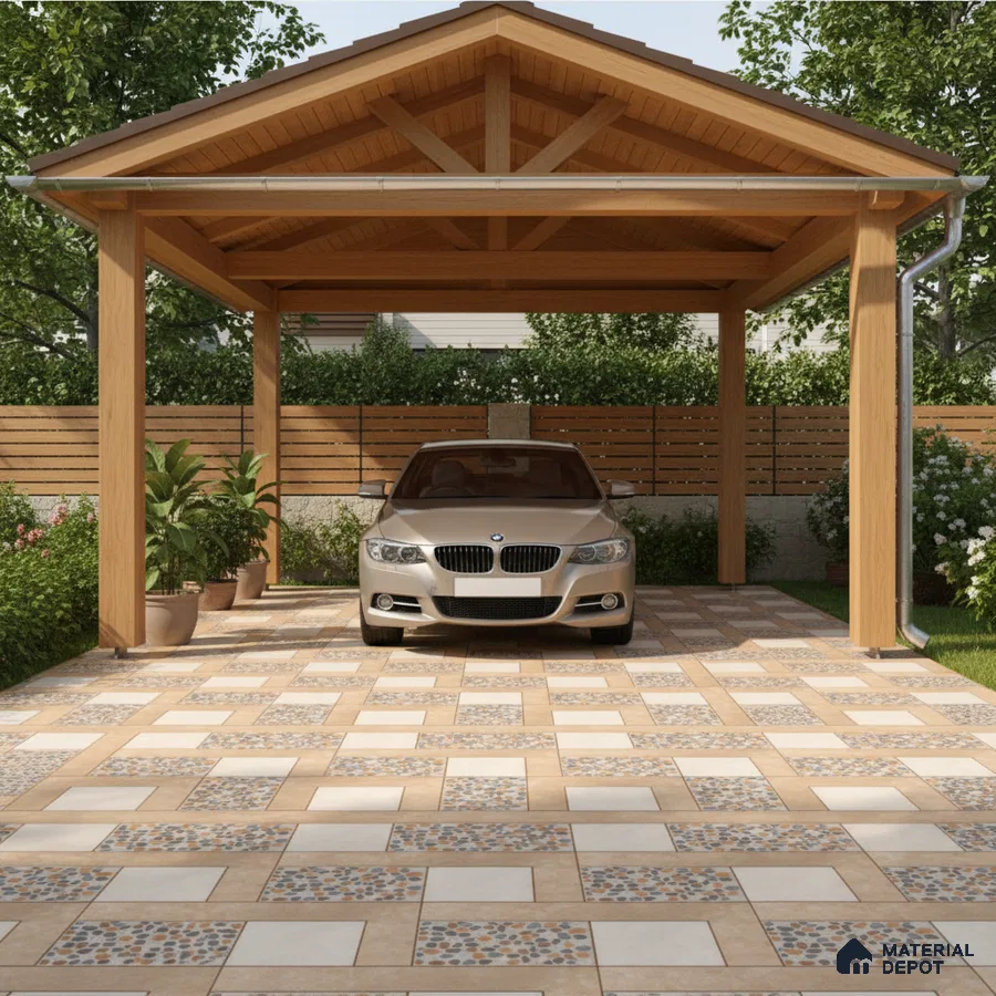 Modern parking with wooden pergola and beige geometric stone tiles