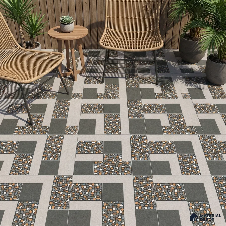 Modern outdoor space with geometric pebble mosaic floor tiles and wood slat wall
