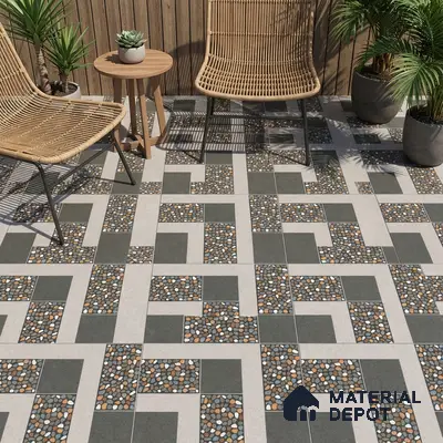 Modern outdoor space with geometric pebble mosaic floor tiles and wood slat wall
