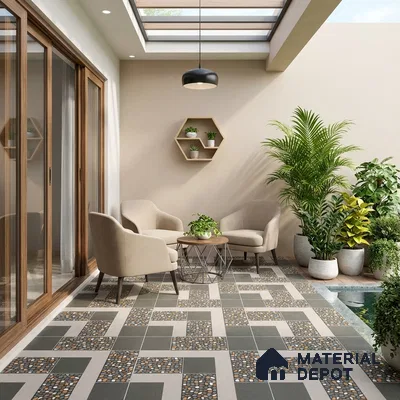 Modern outdoor seating with geometric pebble mosaic floor tiles and beige wall paint