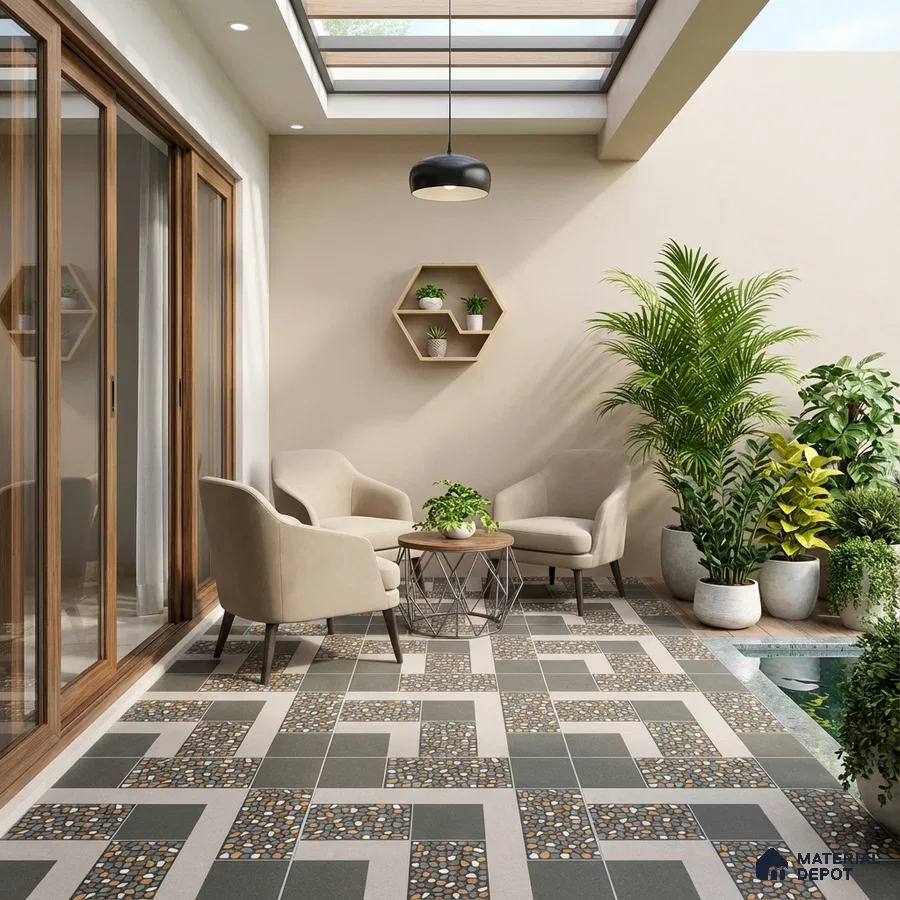 Modern outdoor seating with geometric pebble mosaic floor tiles and beige wall paint