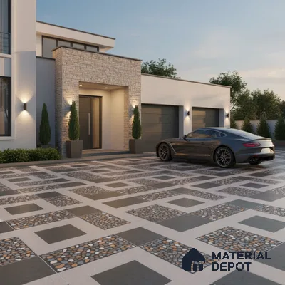 Modern parking with geometric stone cladding and pebble inlay floor tiles
