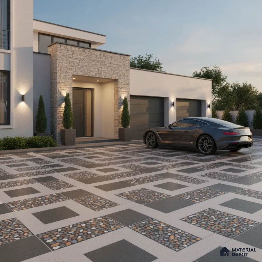 Modern parking with geometric stone cladding and pebble inlay floor tiles