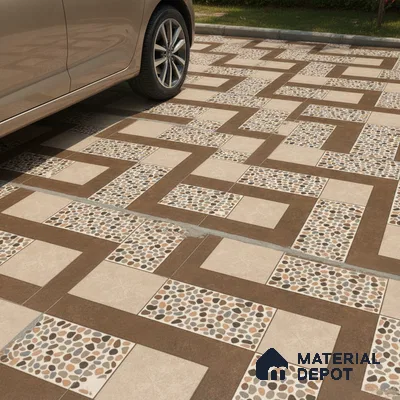 Modern parking with geometric brown and beige tiles and pebble mosaic inserts