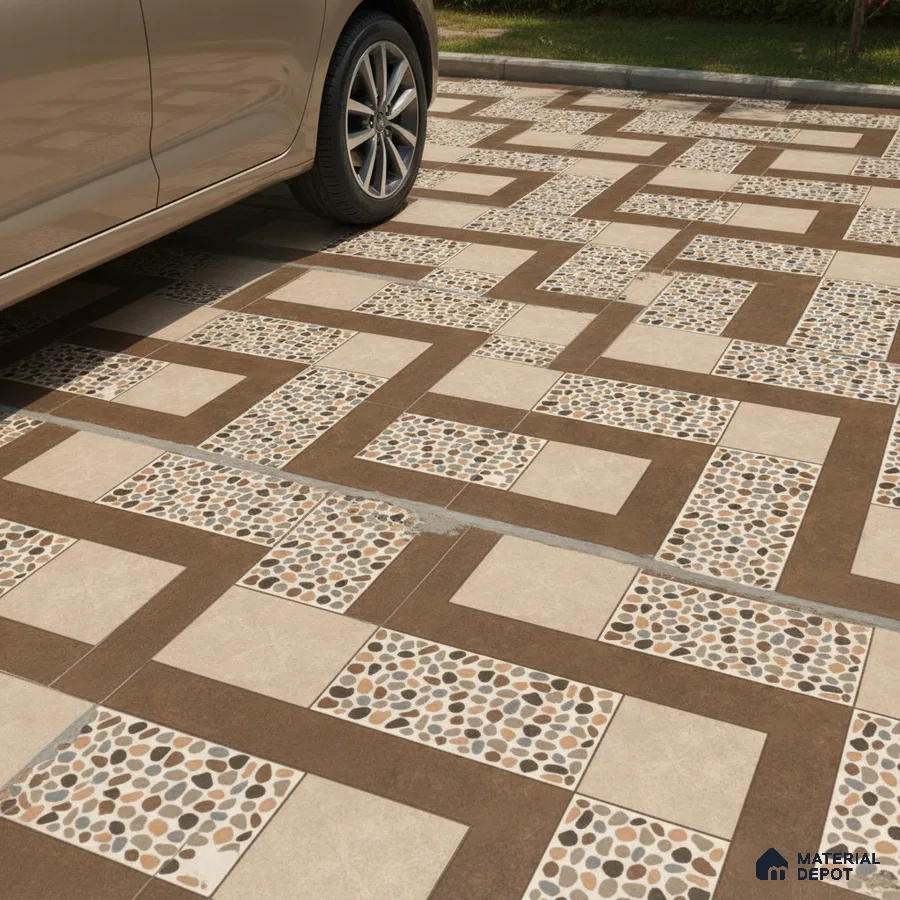 Modern parking with geometric brown and beige tiles and pebble mosaic inserts
