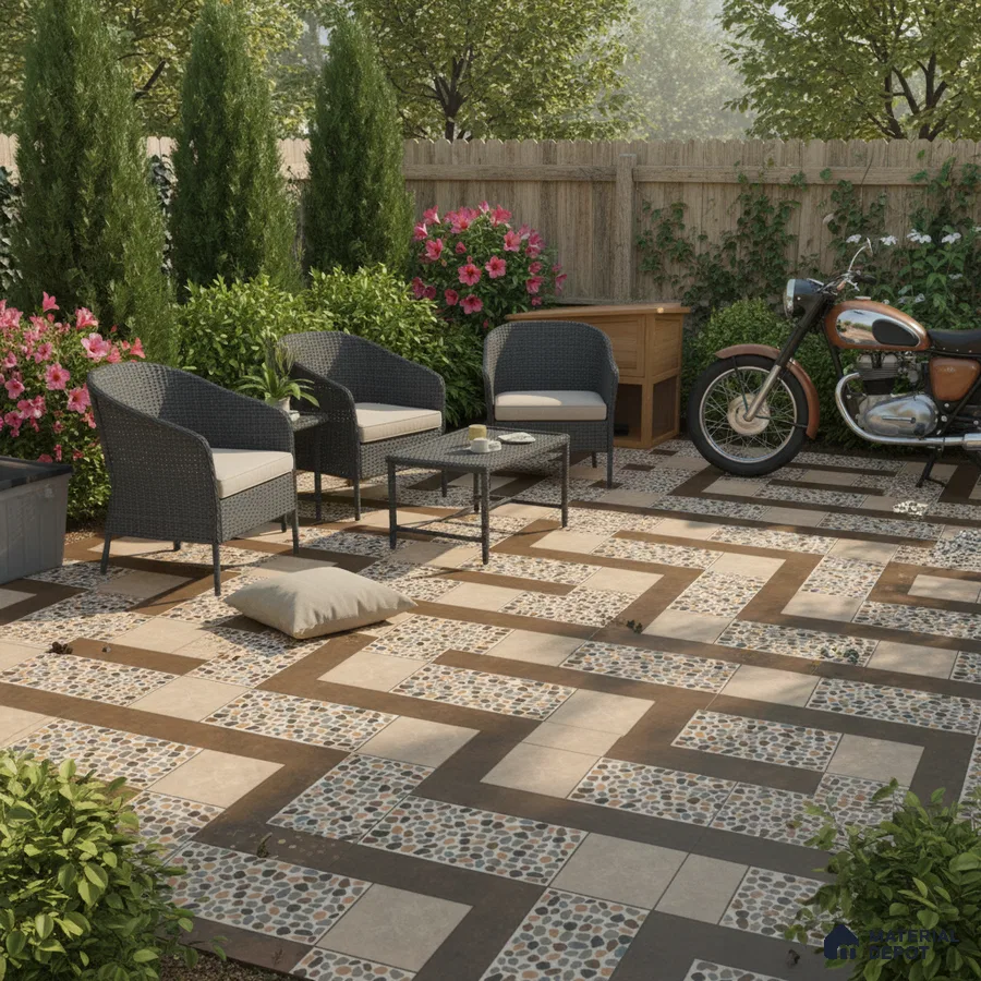 Modern outdoor patio with pebble mosaic and beige ceramic floor tiles