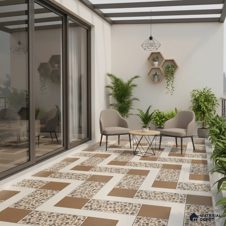 Modern balcony with geometric pebble and brown ceramic floor tiles and neutral seating