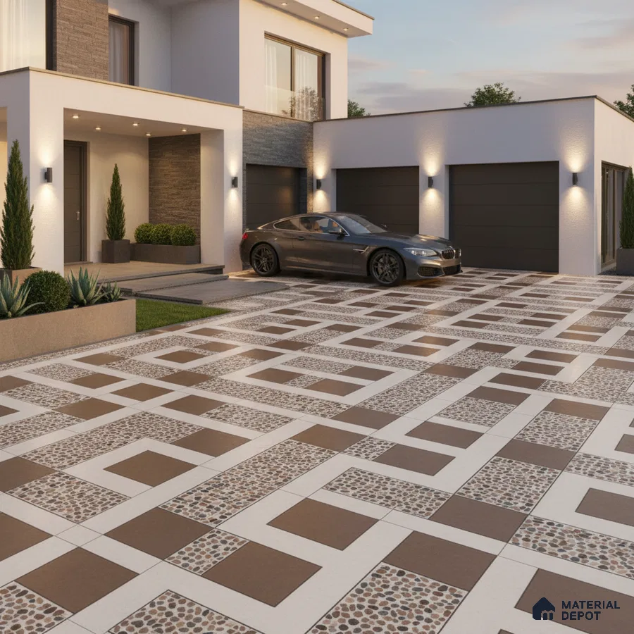 Modern parking with geometric brown and white tiles and pebble textured inserts