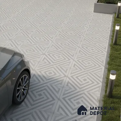 Modern parking area with grey geometric patterned floor tiles