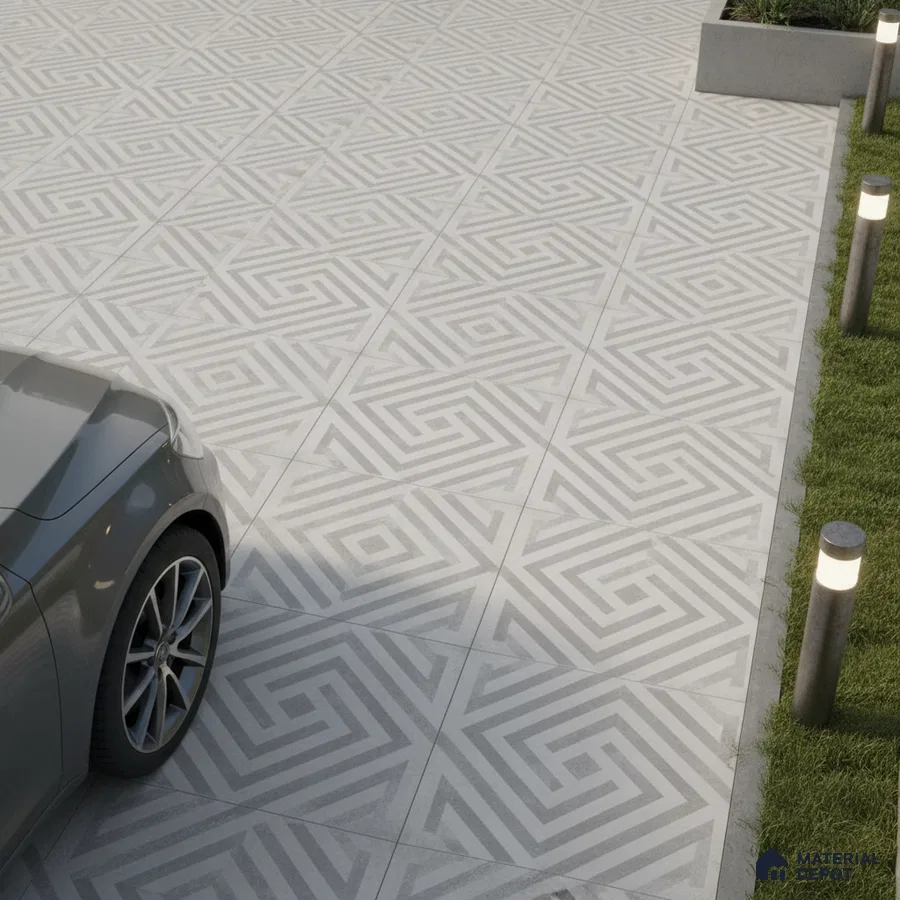 Modern parking area with grey geometric patterned floor tiles