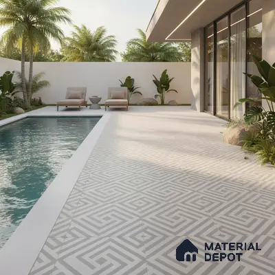 Modern outdoor poolside with geometric patterned floor tiles and minimalist landscaping