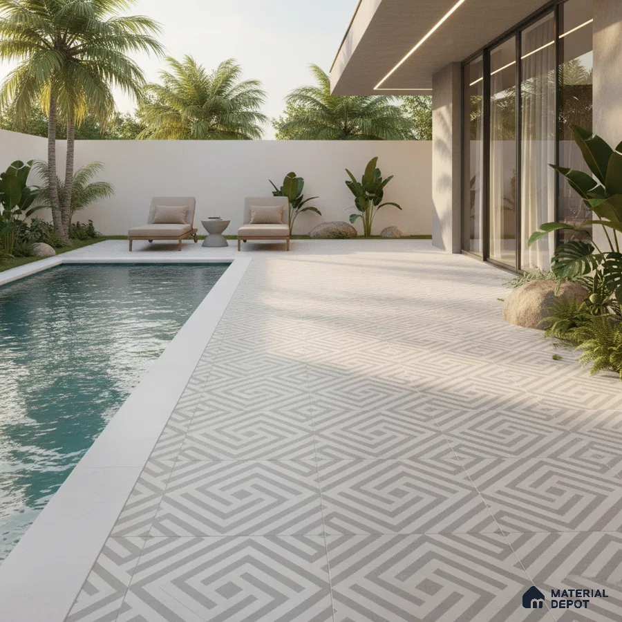 Modern outdoor poolside with geometric patterned floor tiles and minimalist landscaping