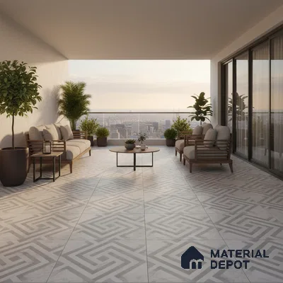 Modern balcony with geometric patterned floor tiles and wooden outdoor seating