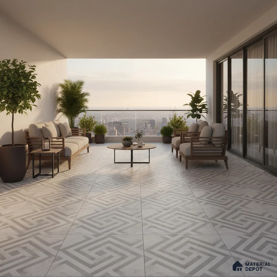 Modern balcony with geometric patterned floor tiles and wooden outdoor seating