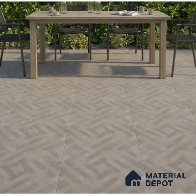 Modern outdoor dining with geometric patterned grey floor tiles and wooden table