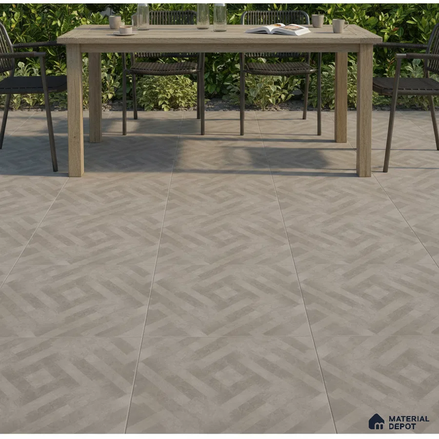 Modern outdoor dining with geometric patterned grey floor tiles and wooden table