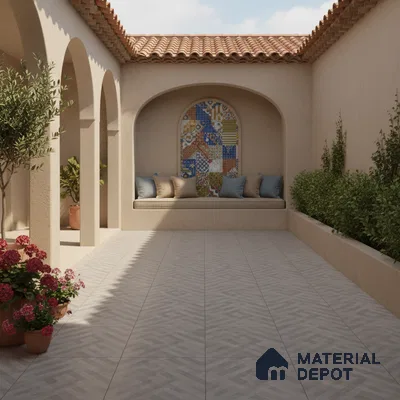 Mediterranean outdoor courtyard with patterned mosaic accent wall and beige geometric floor tiles