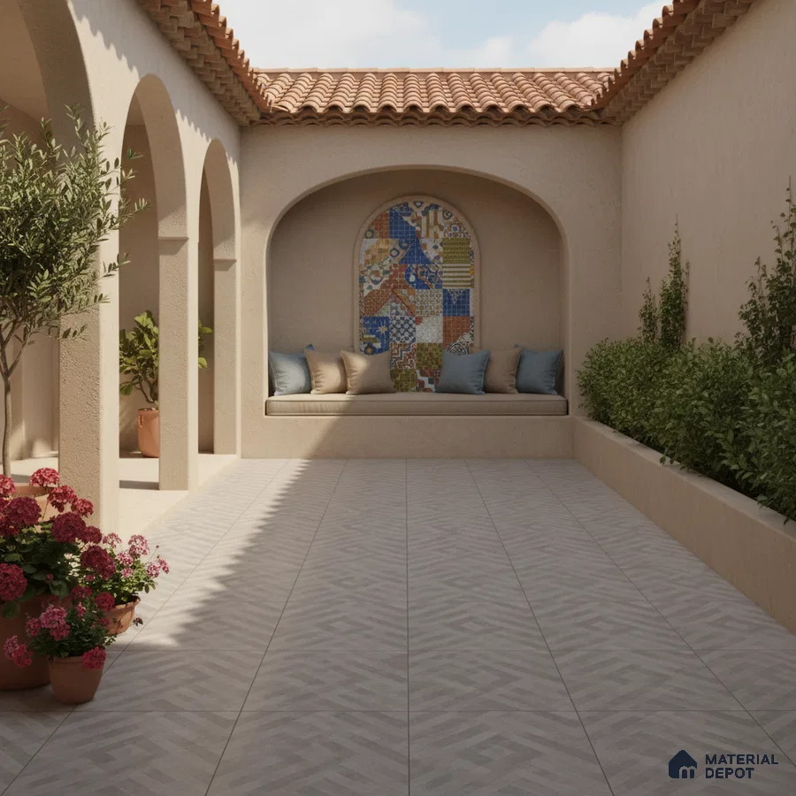 Mediterranean outdoor courtyard with patterned mosaic accent wall and beige geometric floor tiles