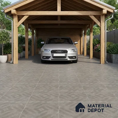 Modern parking with geometric grey floor tiles and natural wood structure