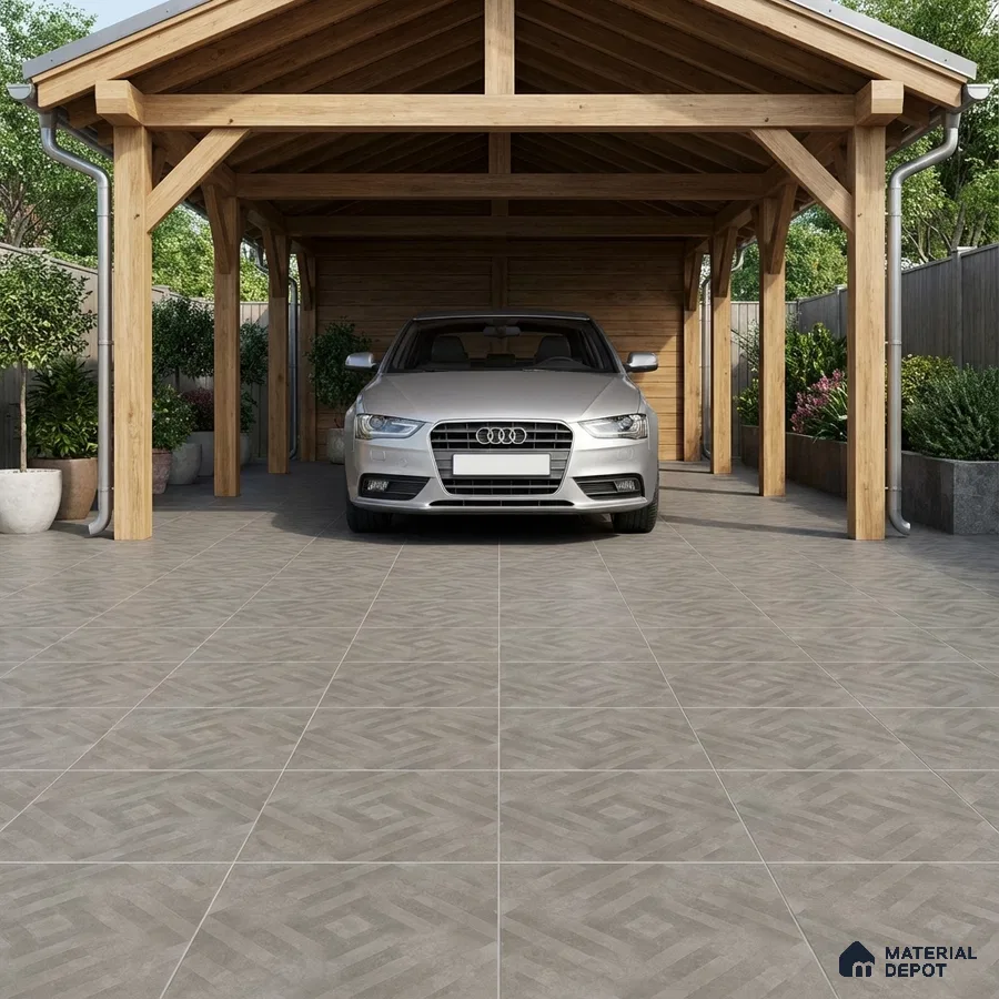 Modern parking with geometric grey floor tiles and natural wood structure
