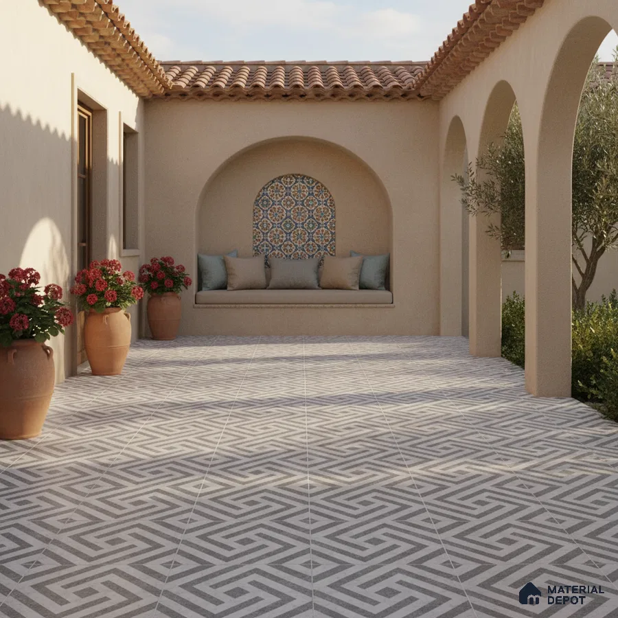 Mediterranean outdoor patio with geometric floor tiles and patterned mosaic wall tile