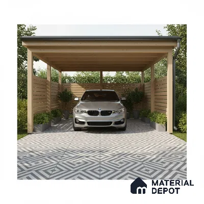 Modern parking with geometric patterned floor tiles and natural wood cladding