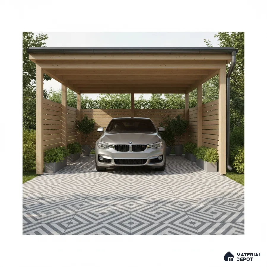 Modern parking with geometric patterned floor tiles and natural wood cladding