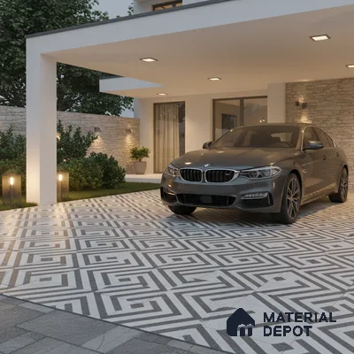 Modern parking with geometric patterned outdoor floor tiles and stone cladding wall