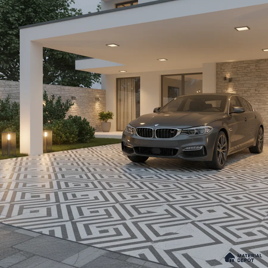 Modern parking with geometric patterned outdoor floor tiles and stone cladding wall
