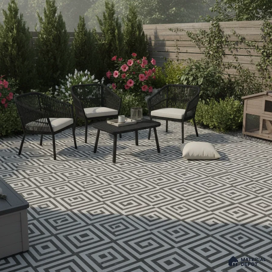 Modern outdoor seating with black-and-white geometric floor tiles and rattan furniture