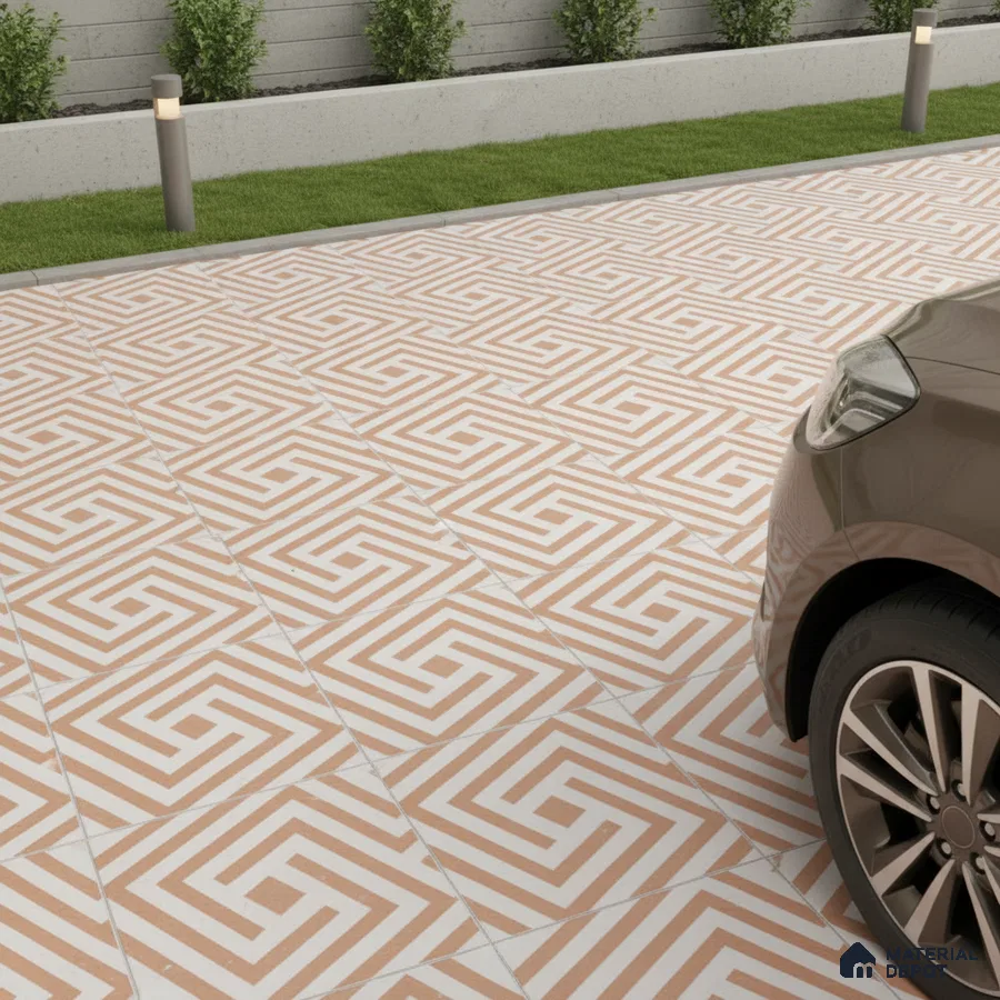 Modern parking with terracotta and white geometric patterned floor tiles