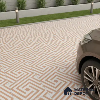 Modern parking with terracotta and white geometric patterned floor tiles