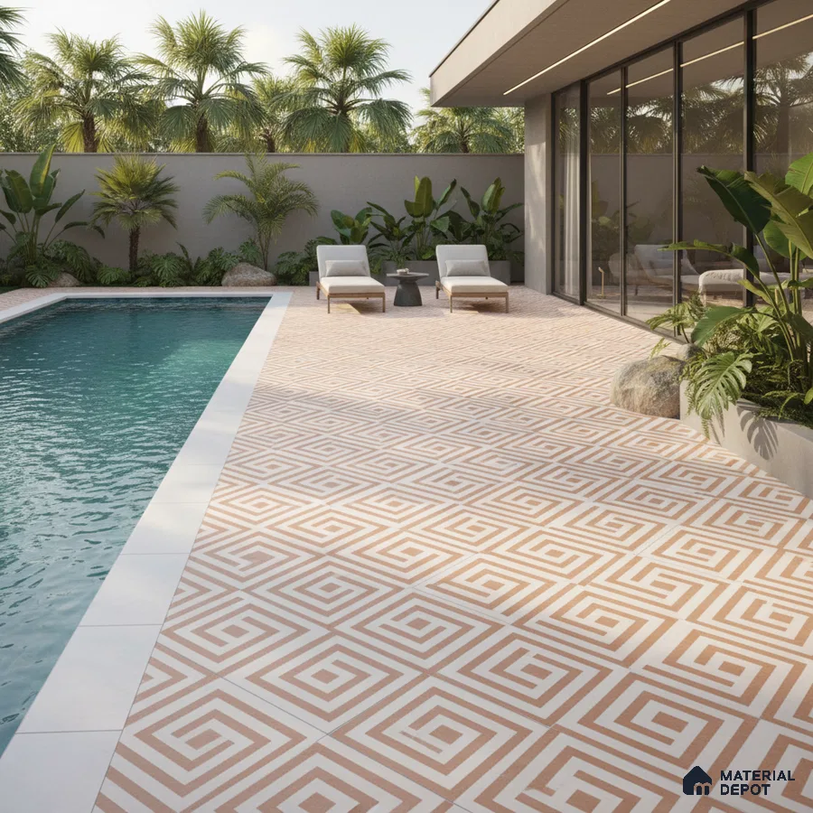 Modern outdoor poolside with terracotta geometric floor tiles and tropical landscaping