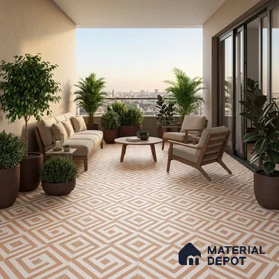 Scandinavian balcony with geometric beige and white floor tiles and wooden outdoor furniture
