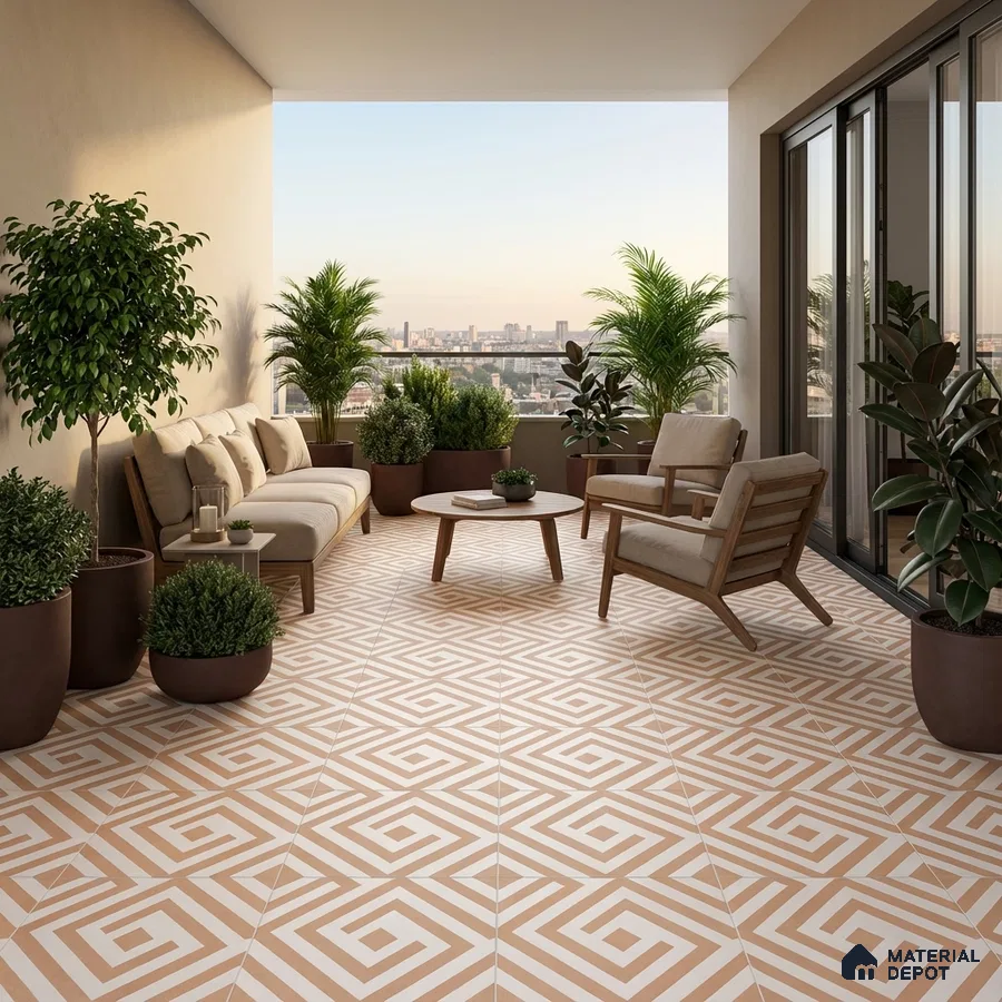 Scandinavian balcony with geometric beige and white floor tiles and wooden outdoor furniture