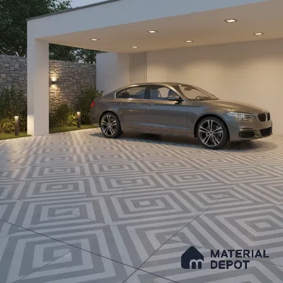 Modern parking with geometric grey and white patterned floor tiles