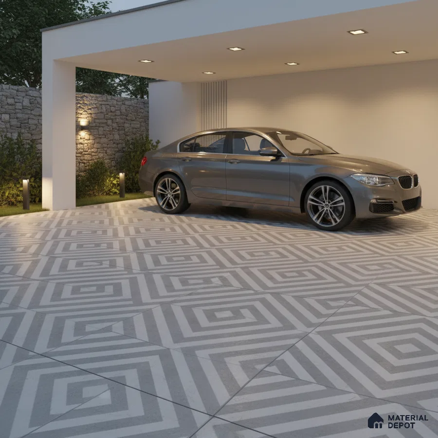 Modern parking with geometric grey and white patterned floor tiles