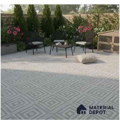 Modern outdoor seating with grey geometric patterned floor tiles