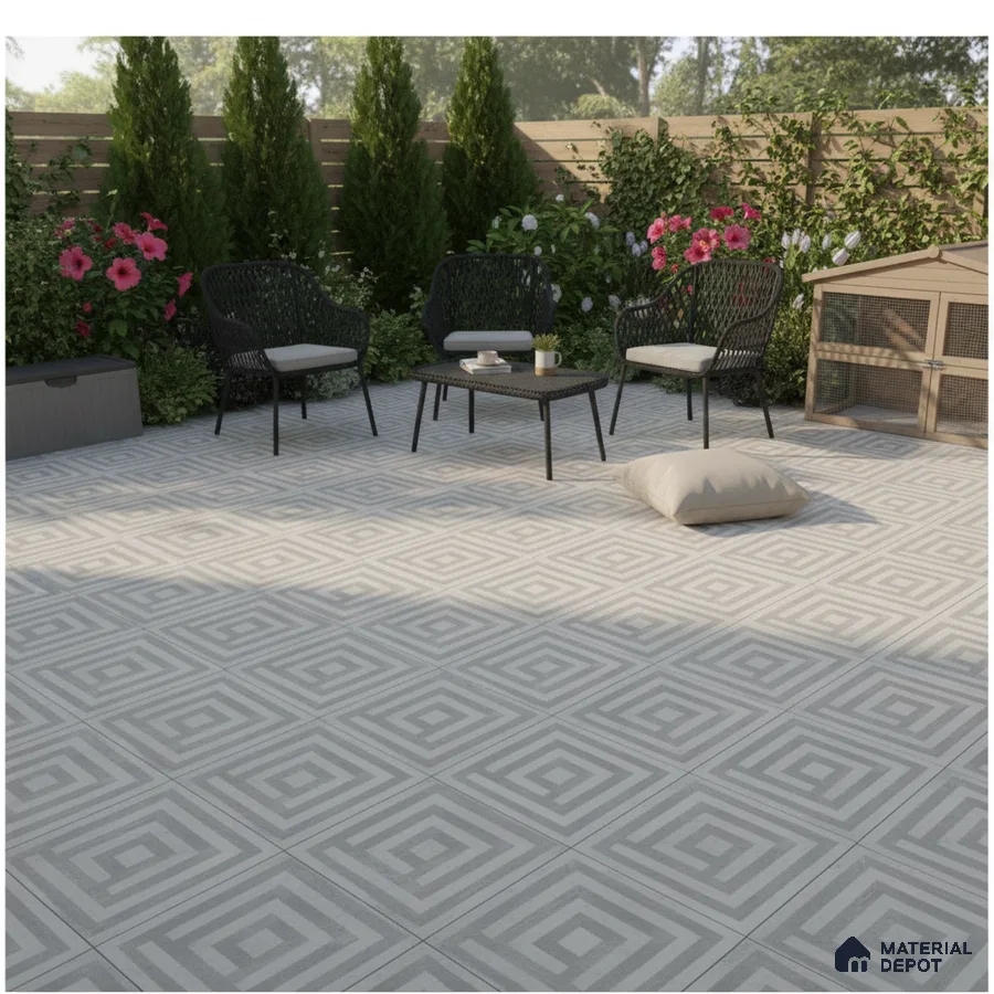 Modern outdoor seating with grey geometric patterned floor tiles